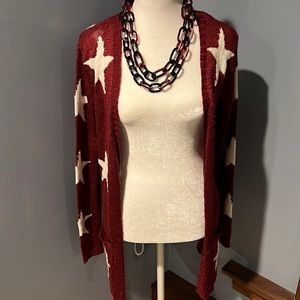 Maroon and cream Star cardigan with pockets size small Charming Charlie
